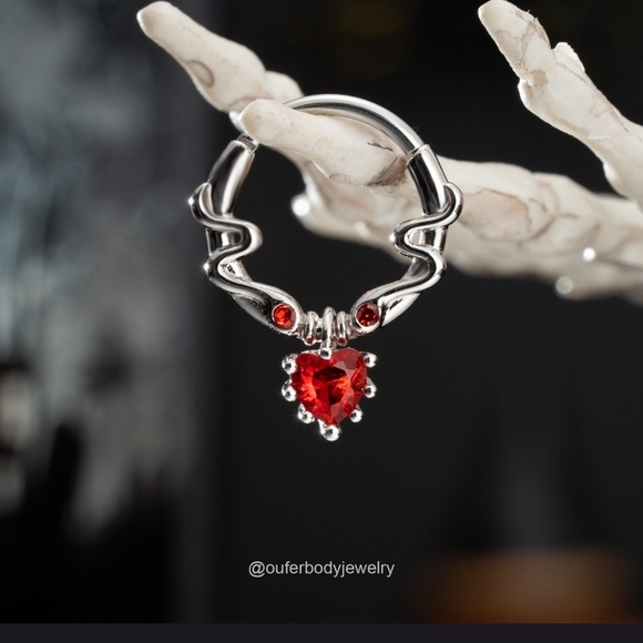 16G Dangle Red Heart Septum Ring/Black Silver Entwined Snakes Tragus Jewelry - Picture 3 of 4
